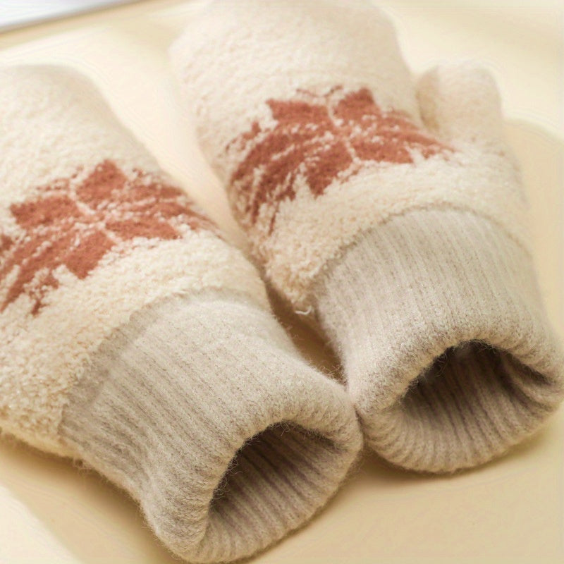 1 Pair Cashmere-Blend Knitted Mittens - Soft Beige Snowflake Design Winter Gloves, Thick Warm & Windproof for Outdoor Use, Hand Wash or Dry Clean, Winter Clothes
